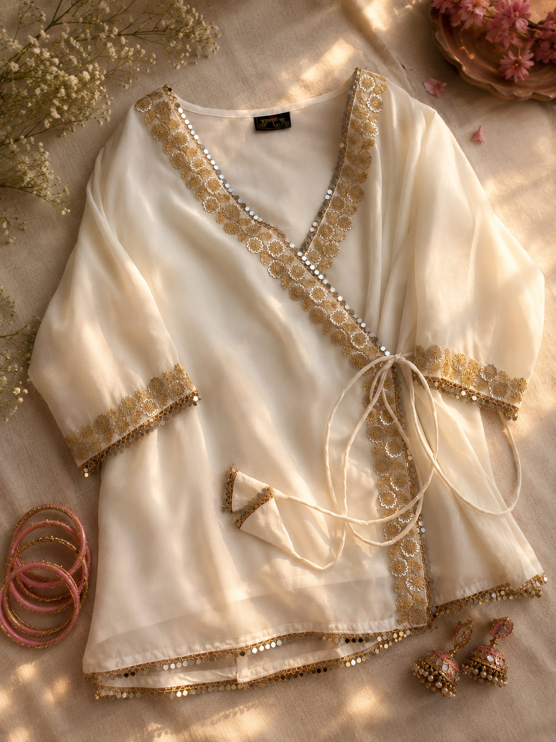 An ivory wrap-style tunic top with gold sequin and embroidery trim, styled in a flat-lay arrangement with pink bangles, dried flowers, and jhumka earrings on a beige fabric background.