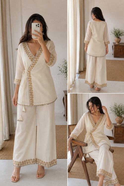 A three-panel collage showing a woman modeling a cream-colored two-piece lounge set in an indoor setting. The set includes a wrap-style tunic with gold patterned trim and matching wide-leg pants.
